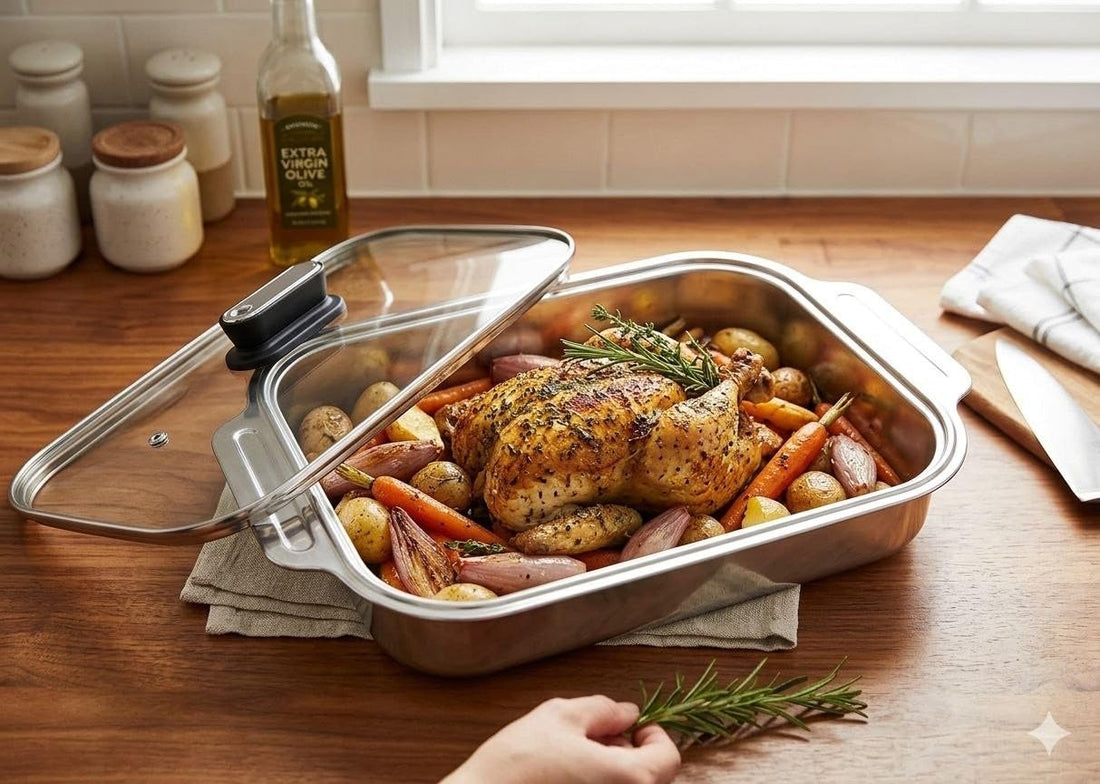 Downtown Stainless Steel Roasting Pan Large Oven Baking Tray for Turkey and Meat with Professional Lid and Removable Roasting Rack
