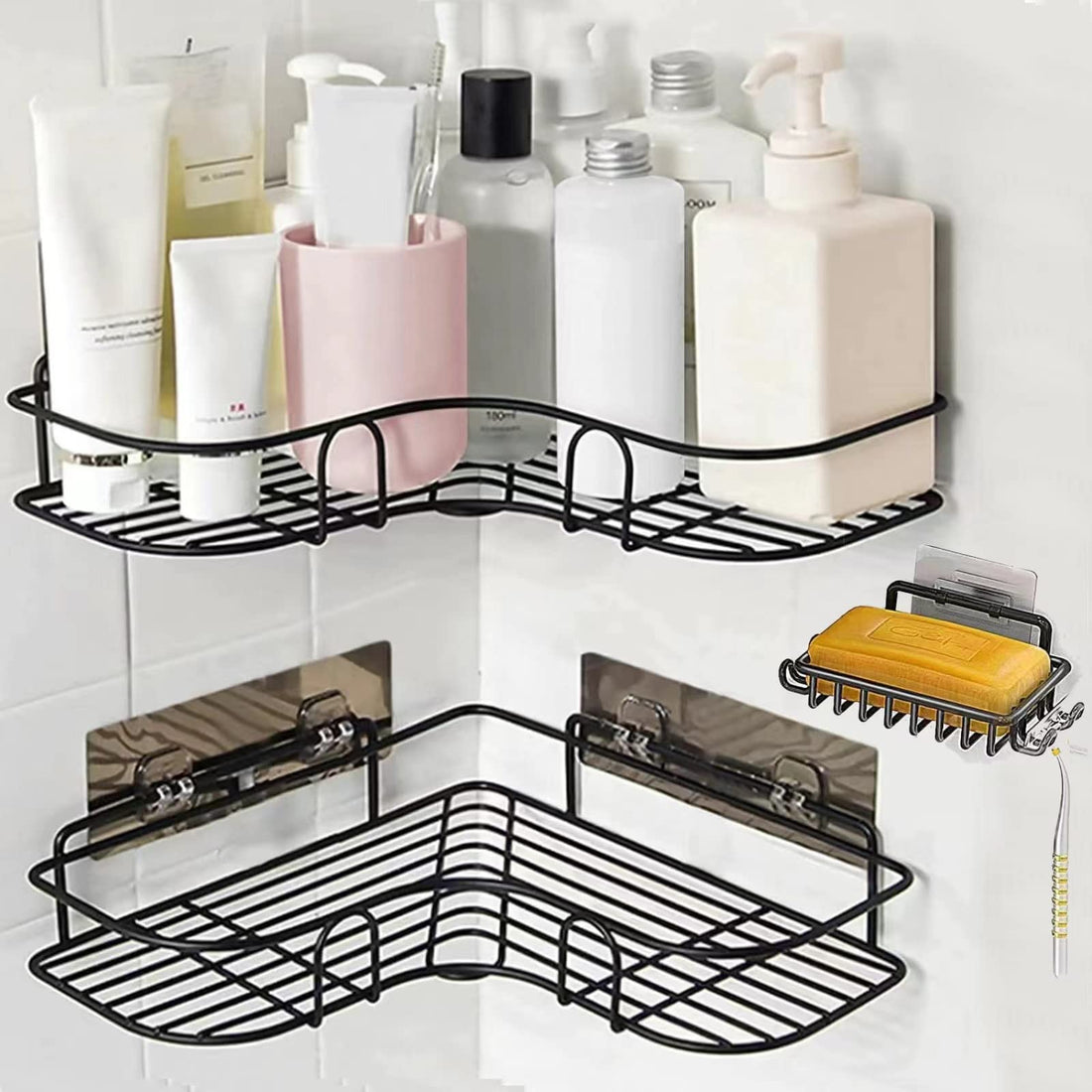 Bathroom Corner Shower Caddy,Shower Organizer Storage,No Drilling Shower Shelves Shower Racks with Rustproof Stainless Steel and Adhesive Sticker for Kitchen & Bathroom Accessories