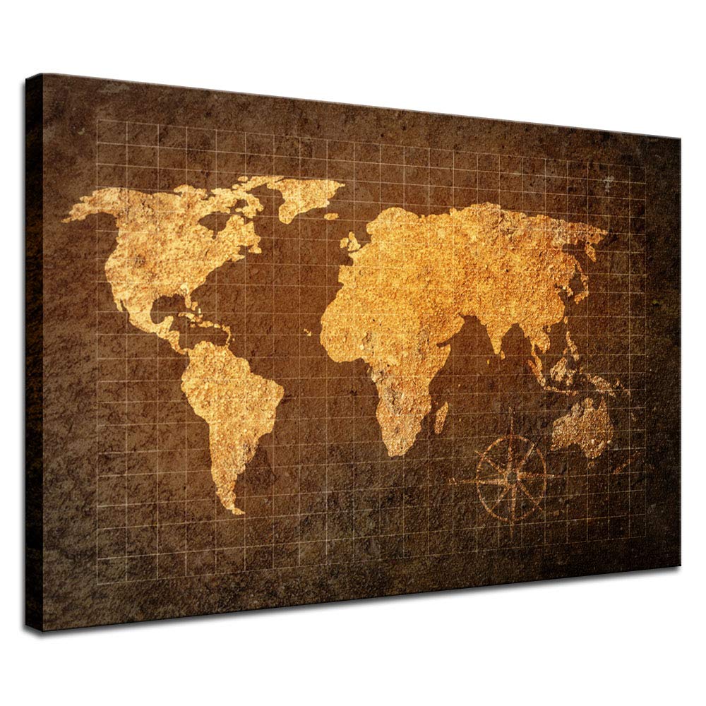 Biuteawal World Map Canvas Wall Art Ancient Map of The World Wall Canvas Prints Retro Map Poster Framed and Stretched Gold Brown Painting for Home Living Room Office Decoration