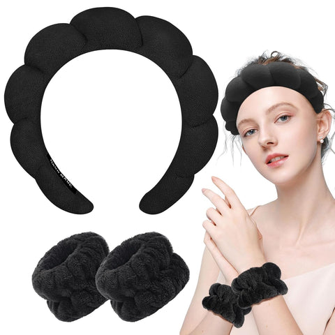 Women 1Pcs Facial Spa Headband 2Pcs Wristband Combo Set, Black Makeup Headband And Wrist Washband Set For Face Washing, Skincare, Shower, Makeup Removal