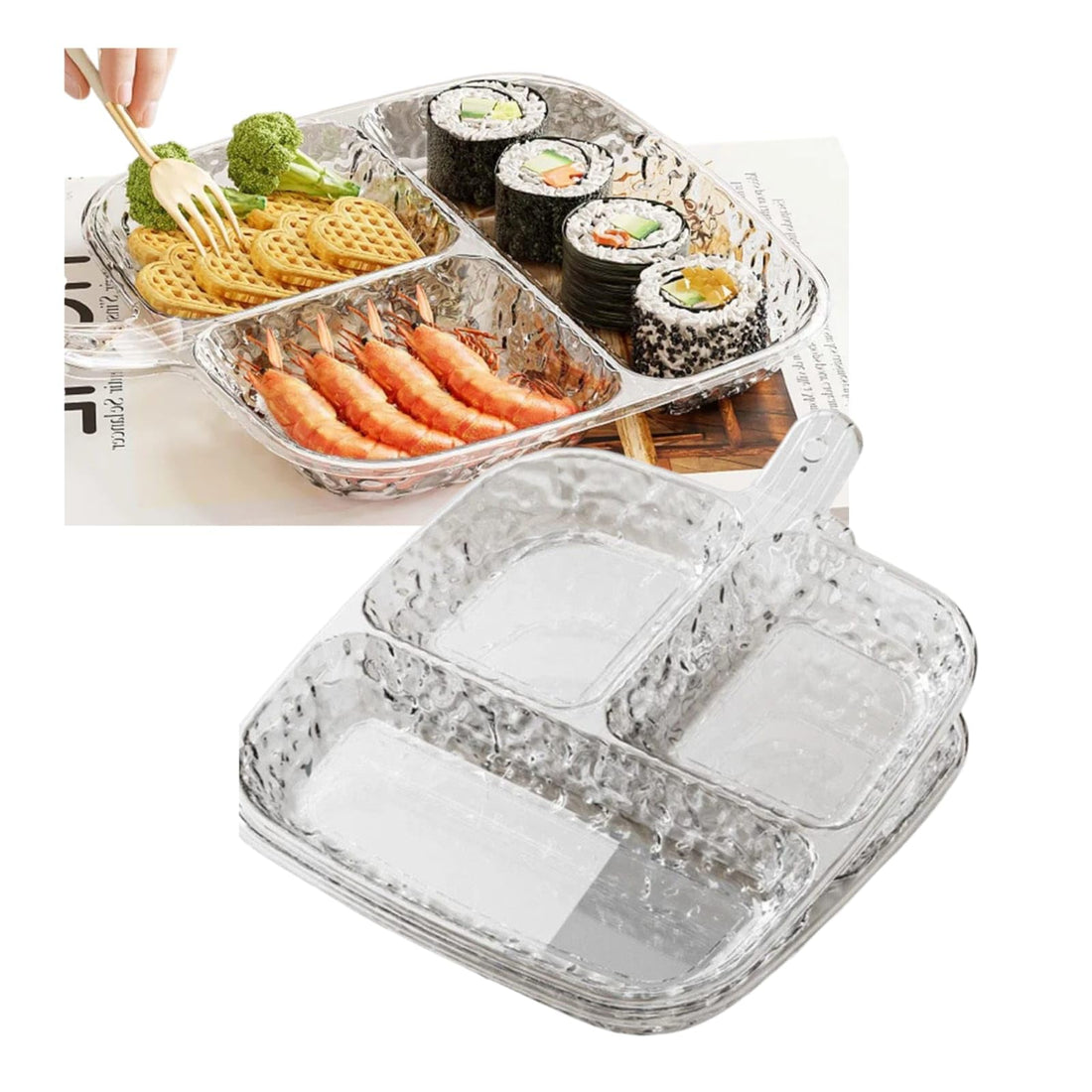 Volora Clear Plastic Divided Serving Tray with Handle, Elegant Square Design, for Vegetables, Appetizers (Transparent)