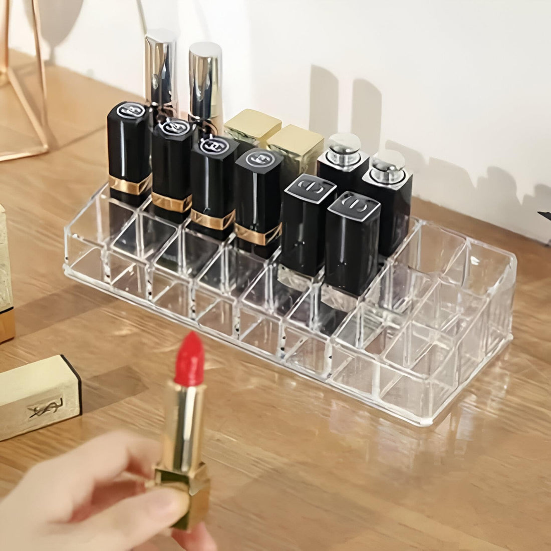 Sample Makeup Product Holder - 30-Slot Freestanding Display Rack for Lipsticks, Powders, and Skincare Samples to Organize and Showcase Your Beauty Collection