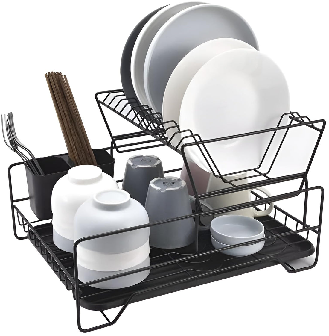 Dish Drying Rack Organizer, Rustproof Large Capacity Dish Drying Rack with Spoon Drainer Kitchen Utensil Drainer Large Kitchen Organizer with Drain Rack (2 Tier)