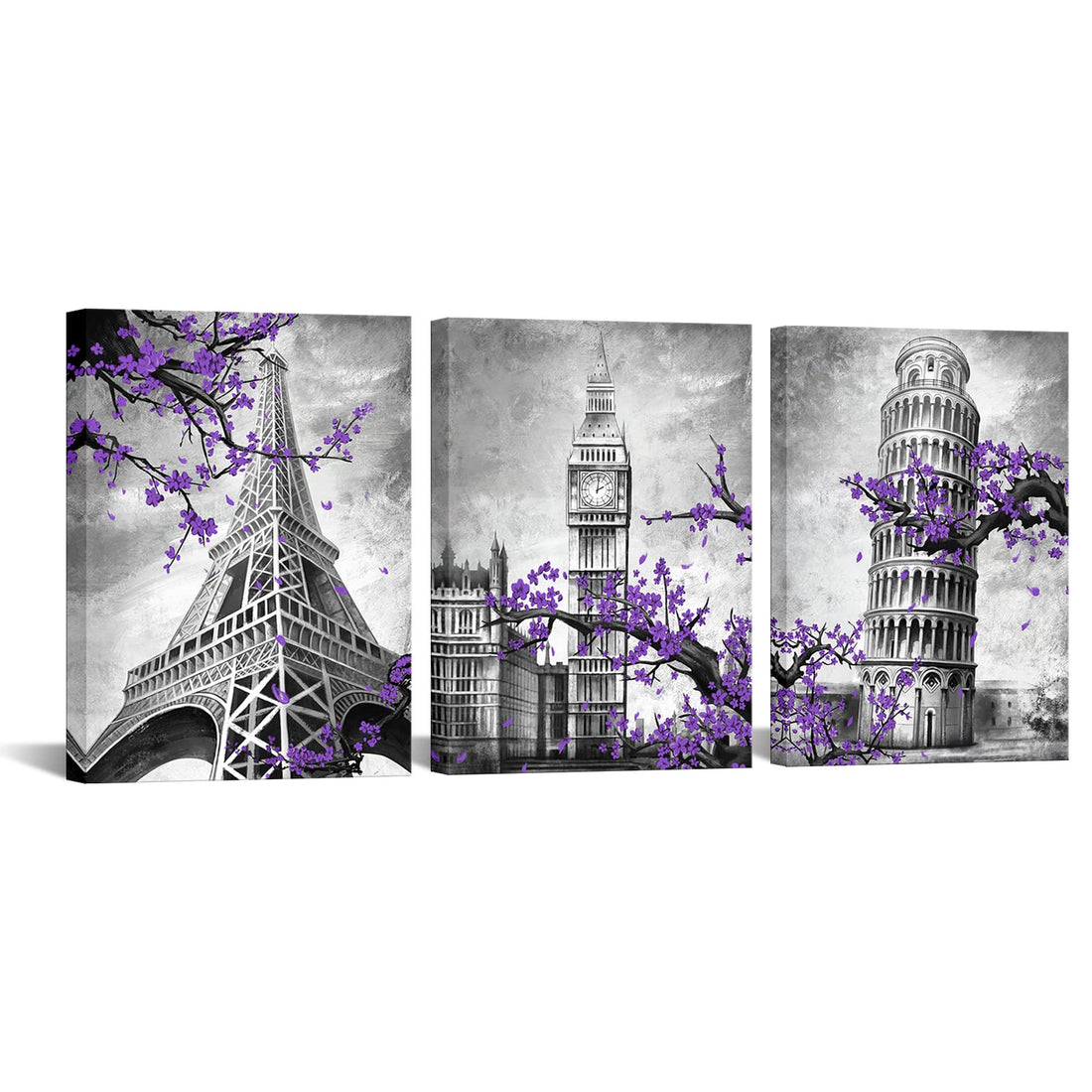 Saypeacher 3 Pieces Paris Eiffel Tower Canvas Wall Art London Big Ben Leaning Tower Purple Flower Modern Building Artwork for Home Bedroom Decor Stretched and Framed Ready to Hang 12x16inchx3pcs