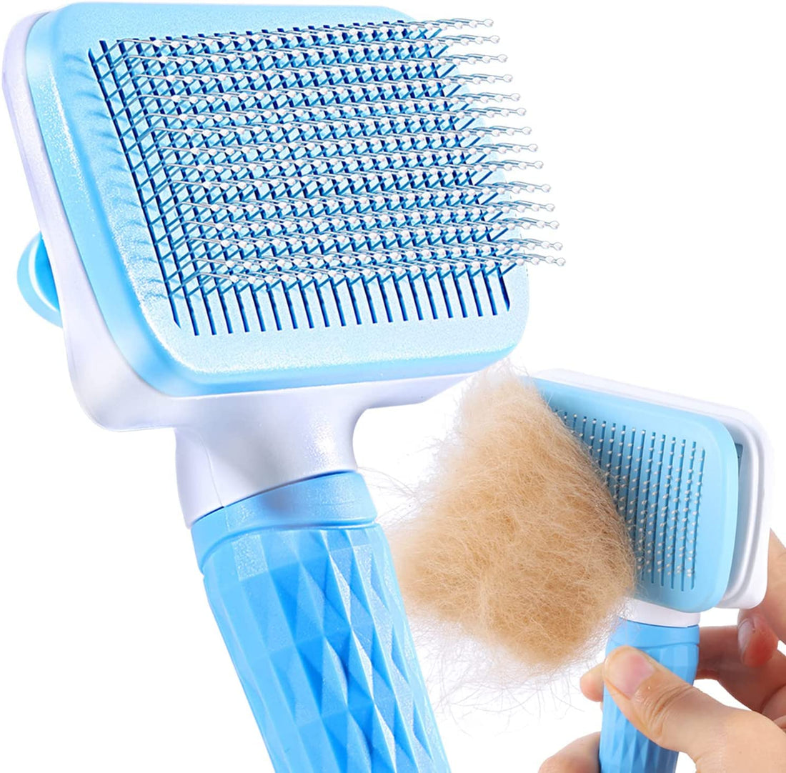 ACE2ACE Pet Dog Brush, Cat Brush, Pet Brush, Hair Remover, Pet Brush for Long Hair and Short Hair, Clean Pet Hair from the Brush with One Button - Blue Type 1