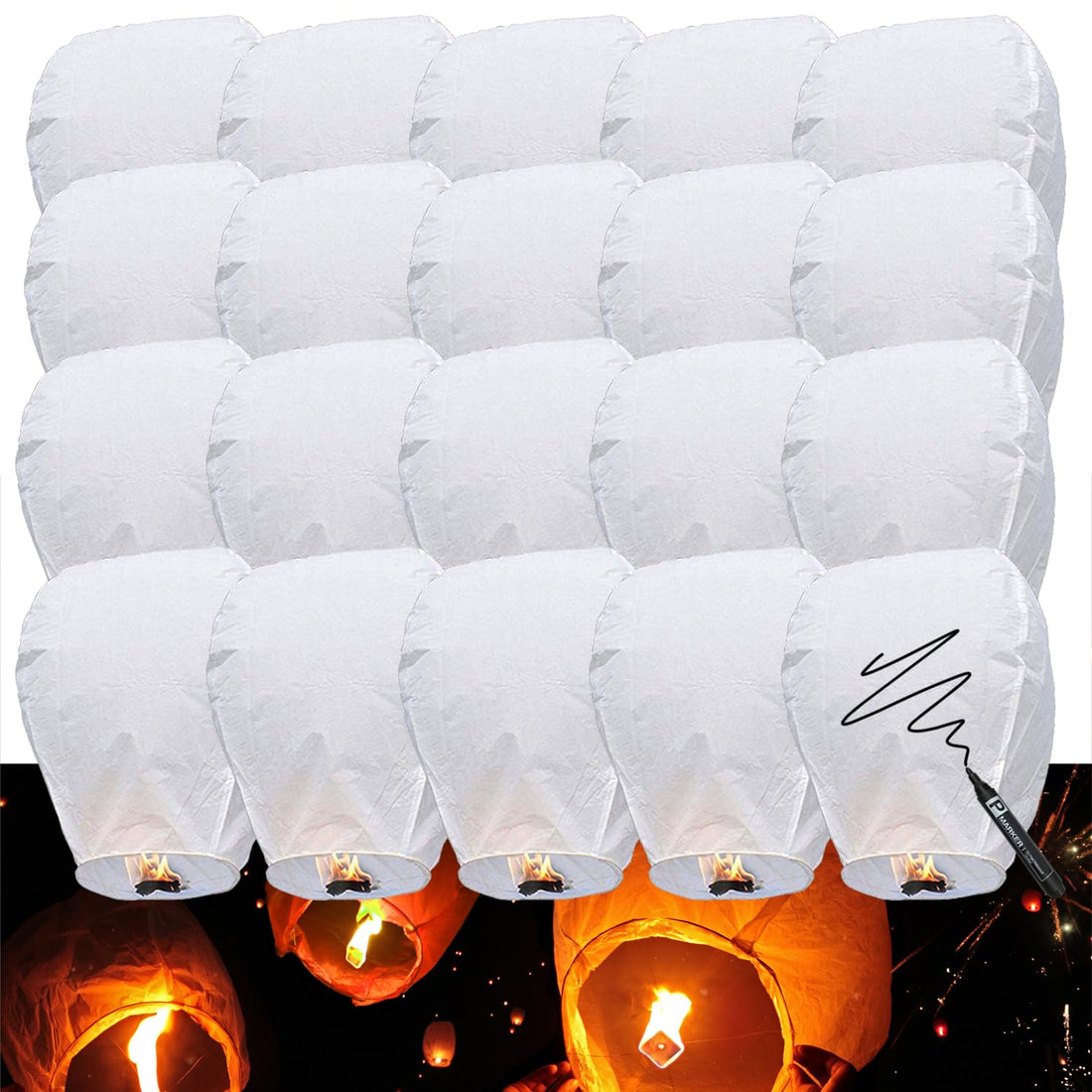 20 Pack Chinese Sky Lanterns to Release, 100% Biodegradable Paper Memorial Sky Lanterns, Eco Friendly Outdoor Flying Lanterns Suitable for Weddings - Anniversaries or Other Events, White