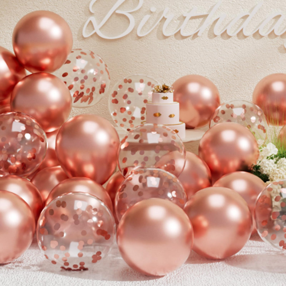 SUWEN Metallic Rose Gold Balloons and Confetti Balloons Set 47PCS Latex Helium Chrome Rose Gold Balloon for Birthday Wedding Anniversary Party Decorations