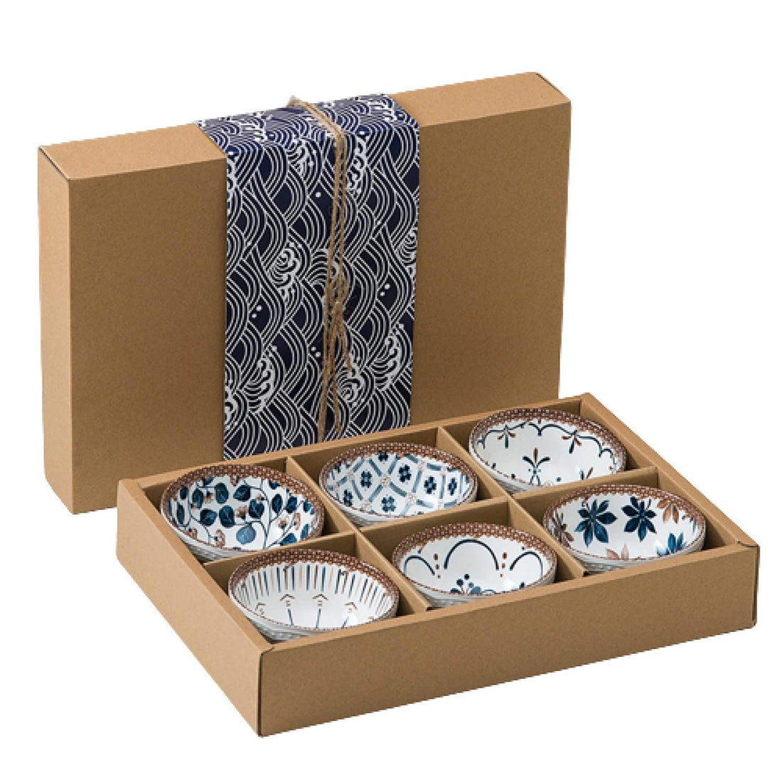 Ceramic Japanese Style Rice Bowls with Gift Box Set, 10oz Capacity, Assorted Dinner Serving Ramen Bowls, Plates, Spoons & Chopstick for Cereal, Soup, Dessert, Snack, Fruit, Salsa, Set of 6