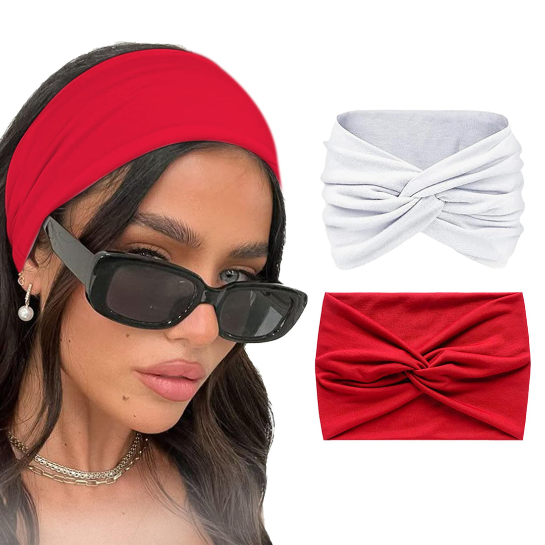 2 Pack Knitted Cotton Headbands for Women, 95% Cotton, Turban Headbands for Women and Girls, Headwrap Accessories, Cute Knot Hair Bands (Chili & White)
