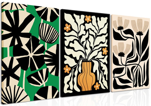 Minimalist Abstract Canvas Wall Art Set of 3, Vintage Flowers Plant Poster Print, Boho Floral Wall Decor for Living Room Bedroom Kitchen Office Decor 16x24in Framed