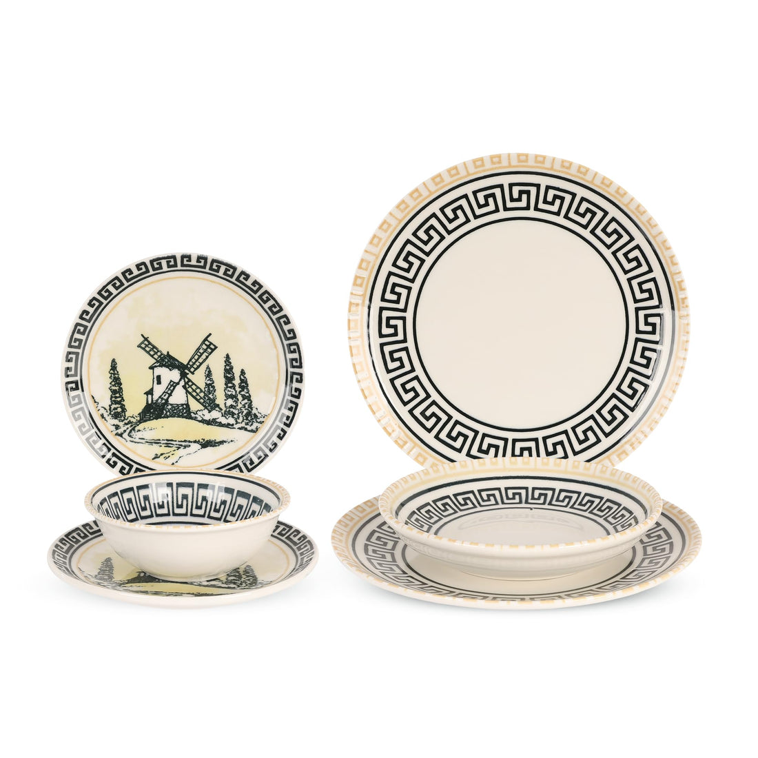 24-Piece Fine Porcelain Dinner Set, Greek Meander Pattern, Cream and Black, Service for 6
