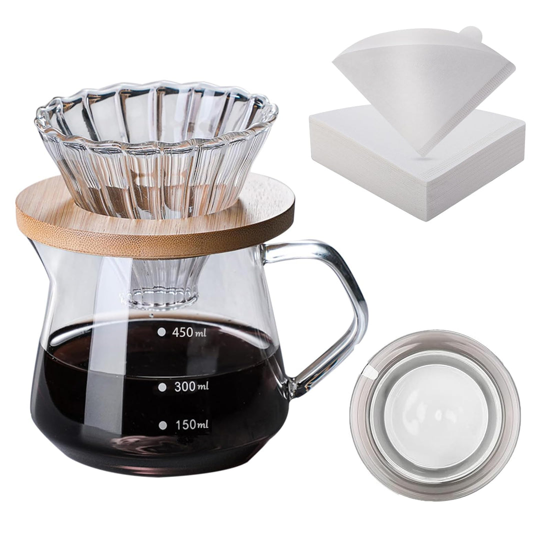 Pour Over Coffee Maker, 20 oz Borosilicate Glass Carafe with 40 pcs V60 Paper Filter, 400 ml, Clear Bamboo Handle & Glass Lid, Drip Coffee Maker for Home Café Restaurant Camping