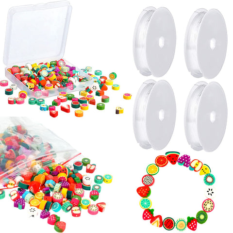 200 Pieces Fruit Beads for Jewelry Making, 10 mm Colorful Polymer Clay Beads Cute Strawberry Spacer Beads with 32 m Crystal Stretch Cords for DIY Bracelets Waist Hair Necklace Craft Making Supplies