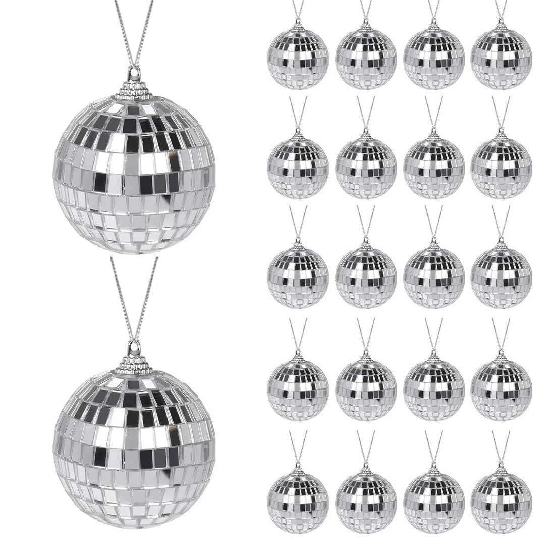 Disco Mirror Ball, 24 Pack Silver Mirror Ball for Hanging, Disco Balls for Christmas Tree, Wedding, Home, Party, Birthday Party Decoration, Light Effect, Diameter 4 cm