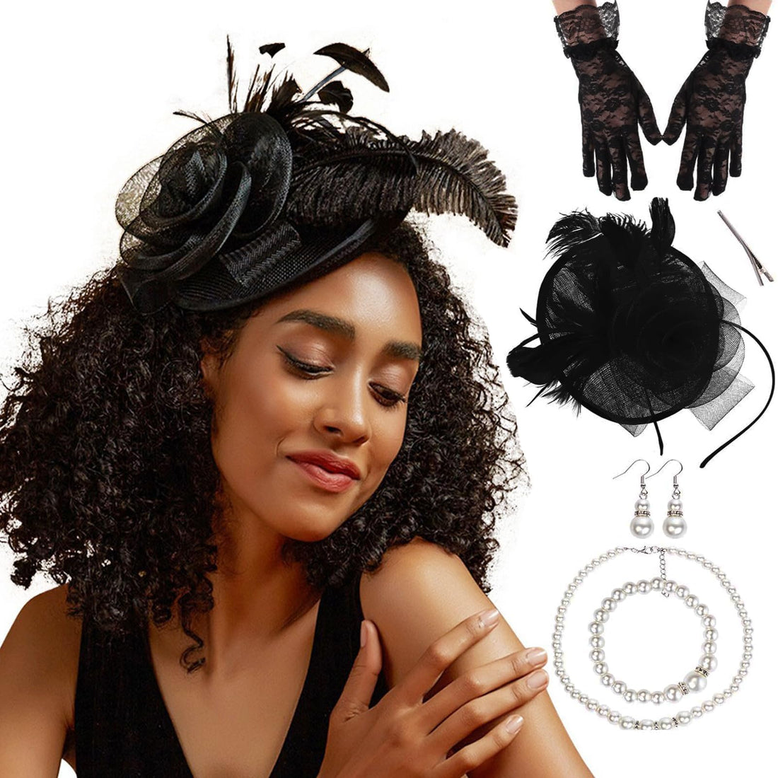 5 Pack Fascinator Hat for Women, Tea Party Headband, Kentucky Derby Wedding Flower Hat with Short Lace Gloves Pearl Necklace Earrings