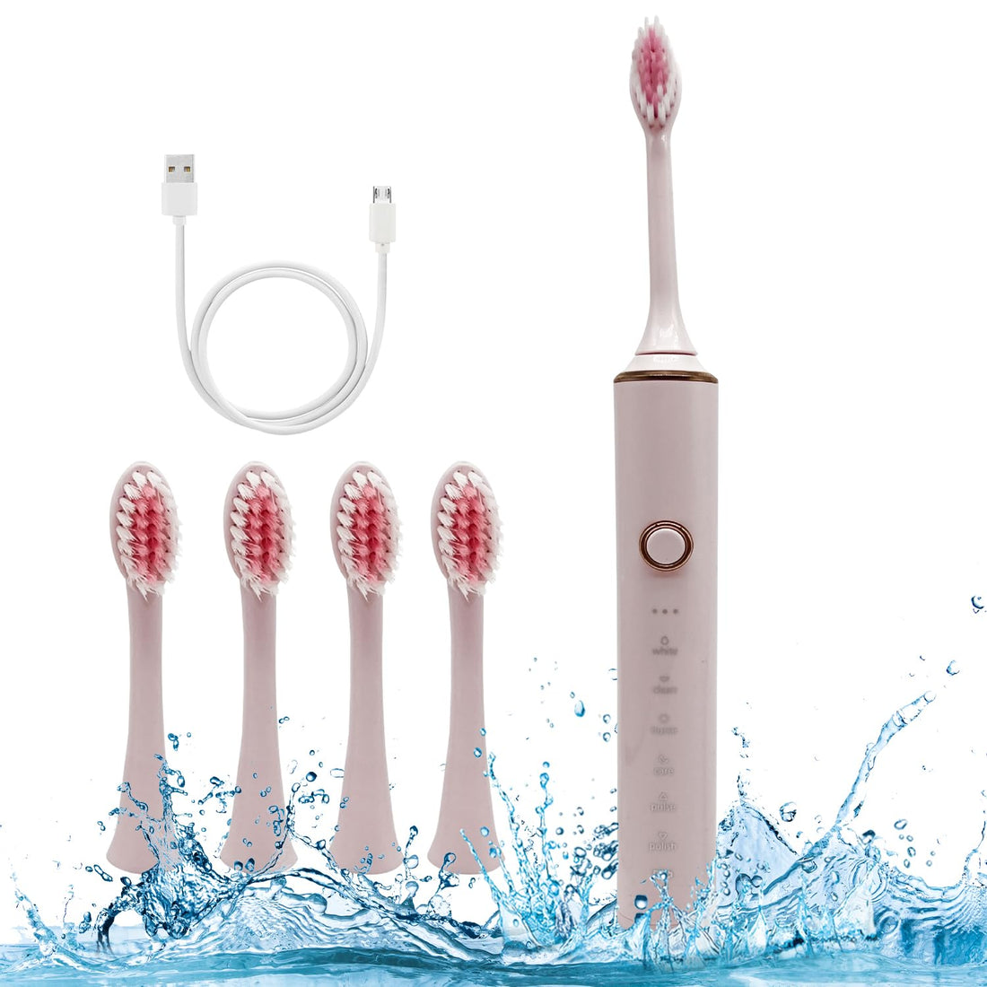 Yakiter Sonic Electric Toothbrushes, with 4 Brush Heads, 6 Modes, 2 Minutes Smart Timer USB Rechargeable Electric Toothbrush for Adults and Kids, IPX7 Waterproof Cleaning Toothbrushes（Pink）