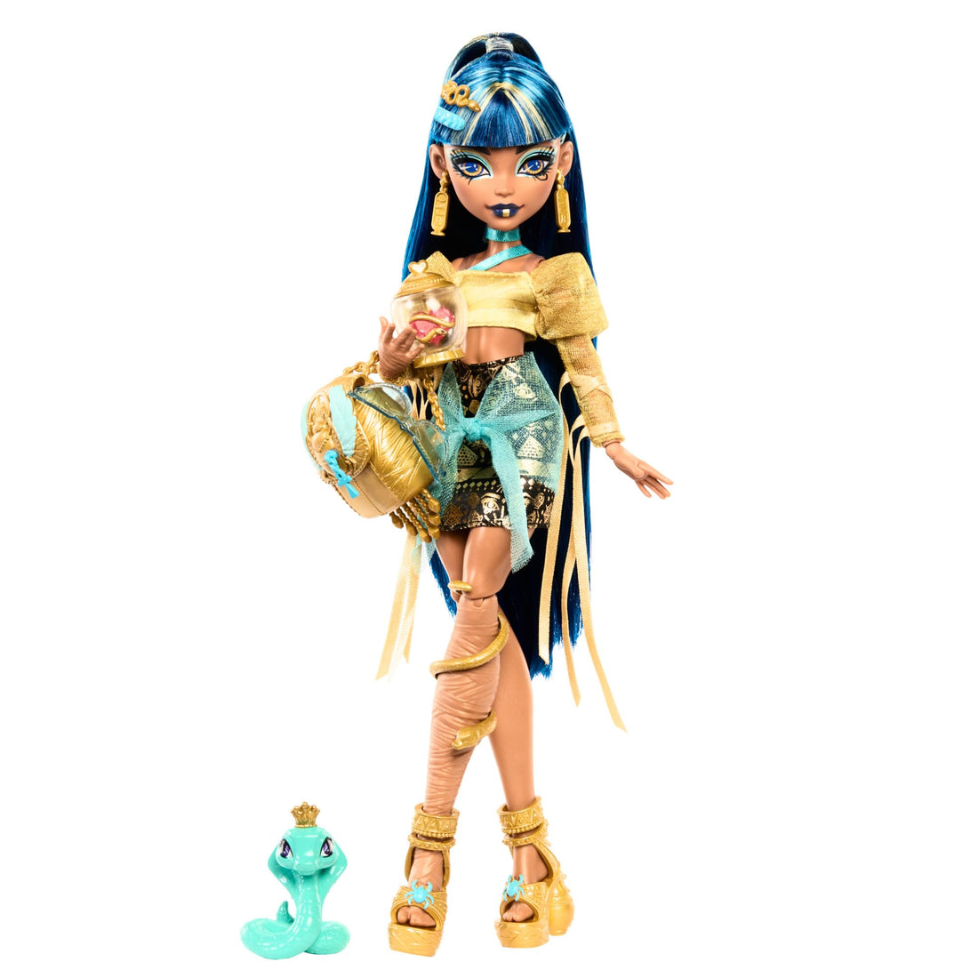 Monster High Cleo De Nile Doll in Golden Blouse and Layered Skirt, Includes Pet Cobra Hissette and Accessories like a Backpack, Snack and Scroll, HXH74