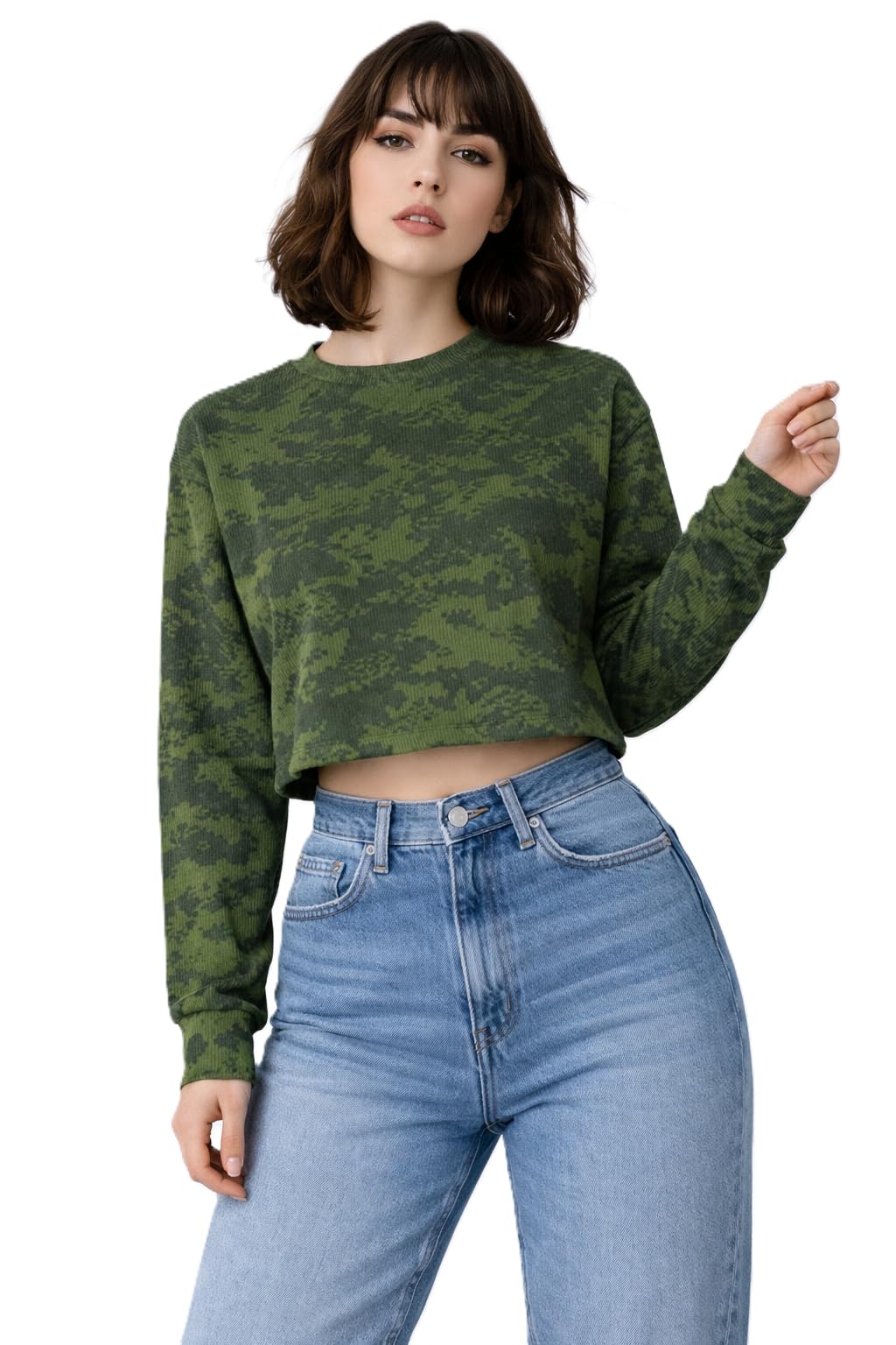 Women's Long Sleeve Crop Sweatshirt, Fashion Short Cut, Soft Ribbed Material, One Size 45-85 Kg, Suitable for College and Daily Outings