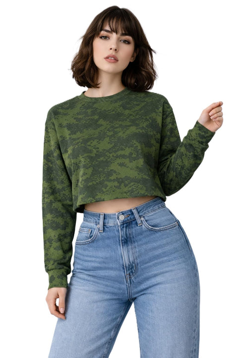 Women's Long Sleeve Crop Sweatshirt, Fashion Short Cut, Soft Ribbed Material, One Size 45-85 Kg, Suitable for College and Daily Outings