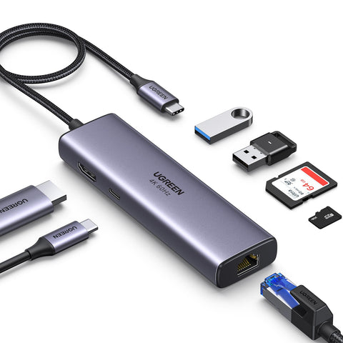 UGREEN 7in1 USB C Hub with Gigabit Ethernet 4K@60Hz HDMI, 100W PD Charging, SD/TF Card Reader, 2 USB 3.0 Ports USB C Dock Compatible with Mac M1, M2, iPad, iPhone 15 Pro/Pro Max, Steam Deck (60515)