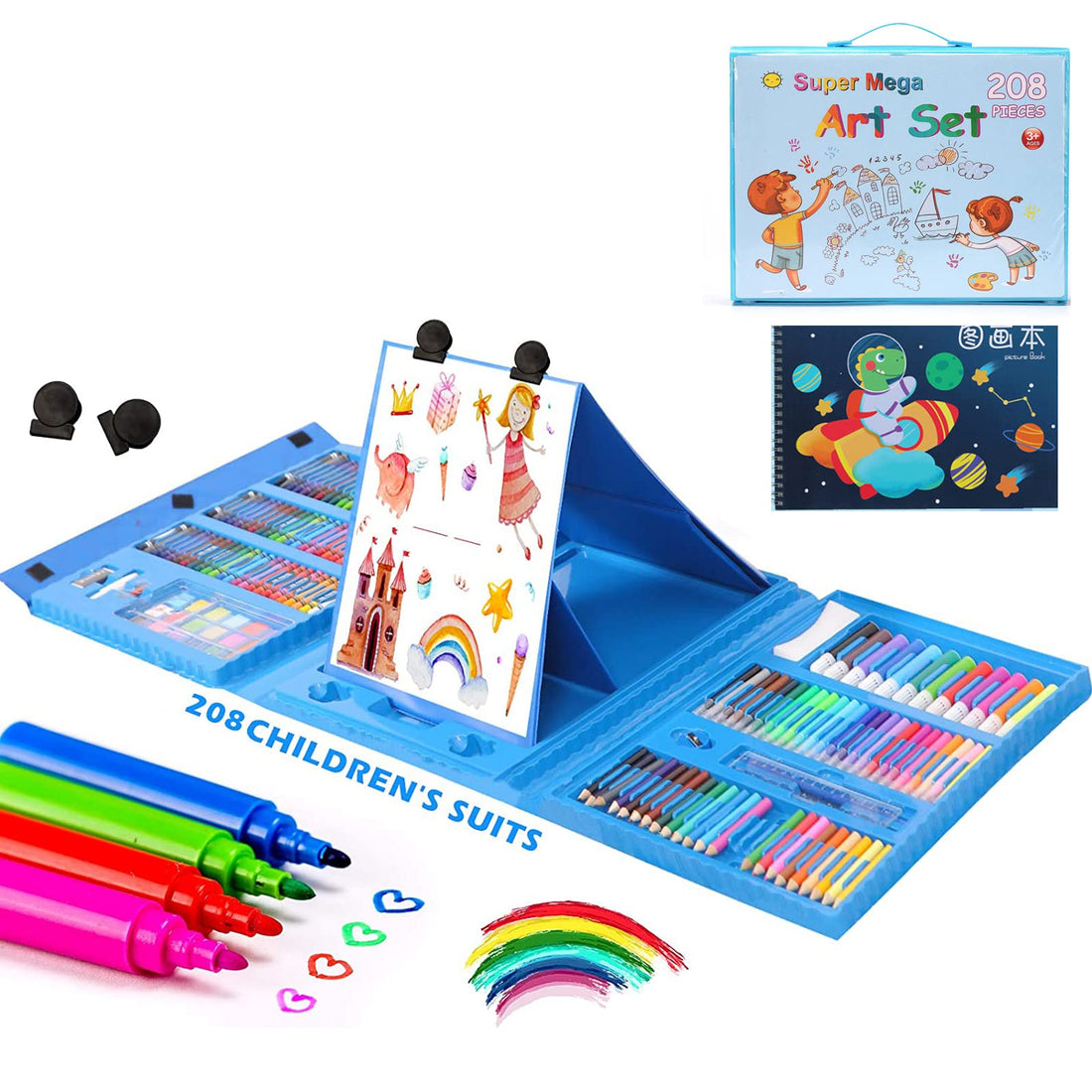 IS MUHE 209 pcs art supplies, children's drawing art set with double-sided tri-fold easel box, with oil pastels, crayons, colored pencils, paintbrushes, watercolor brushes, etc. (Blue)