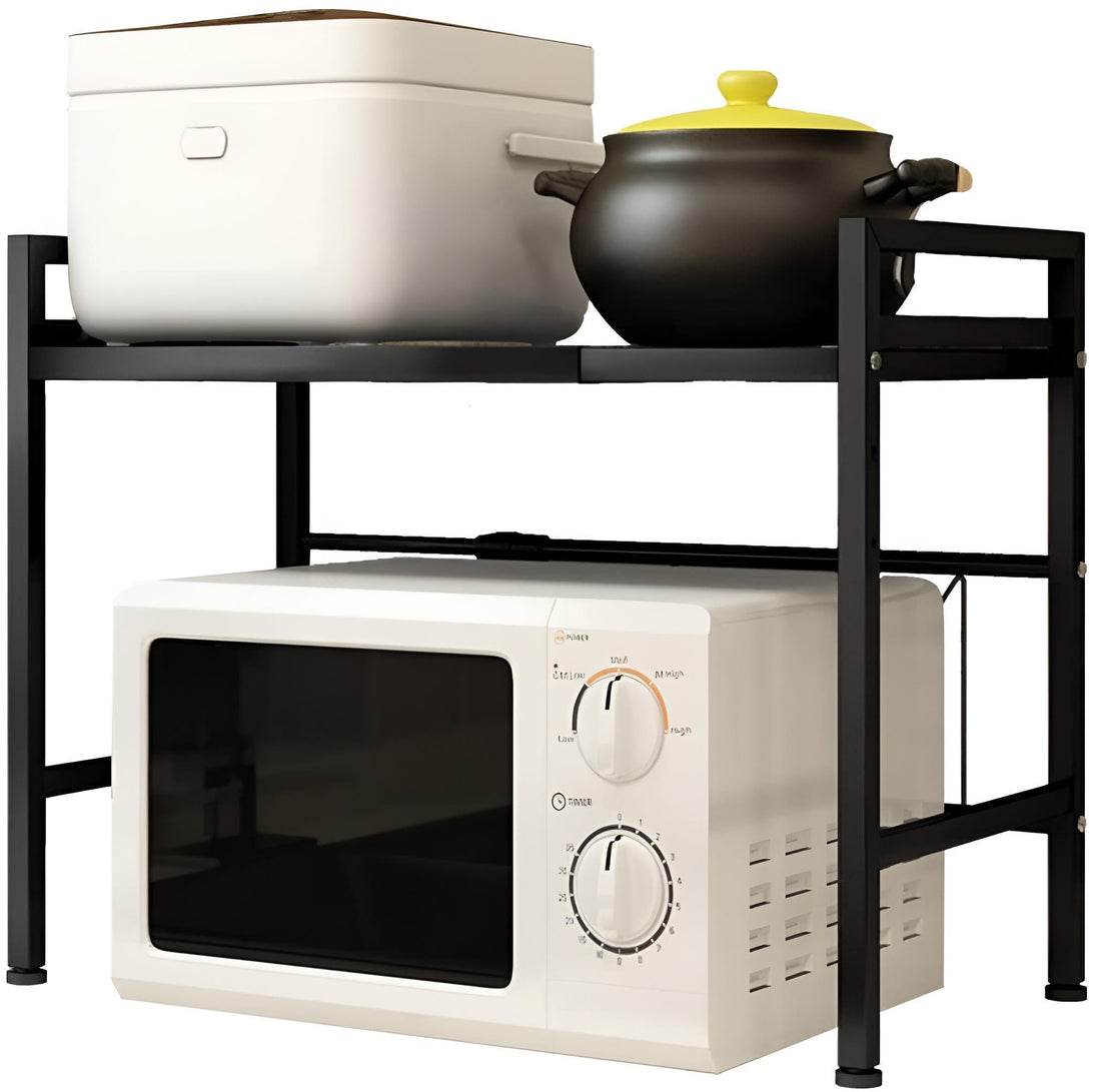 Microwave Rack - Adjustable Double-Layer Storage Shelf for Kitchen Countertop, Holds Microwave Oven and Rice Cooker, Space Saving Black Metal Organizer for Small Apartments