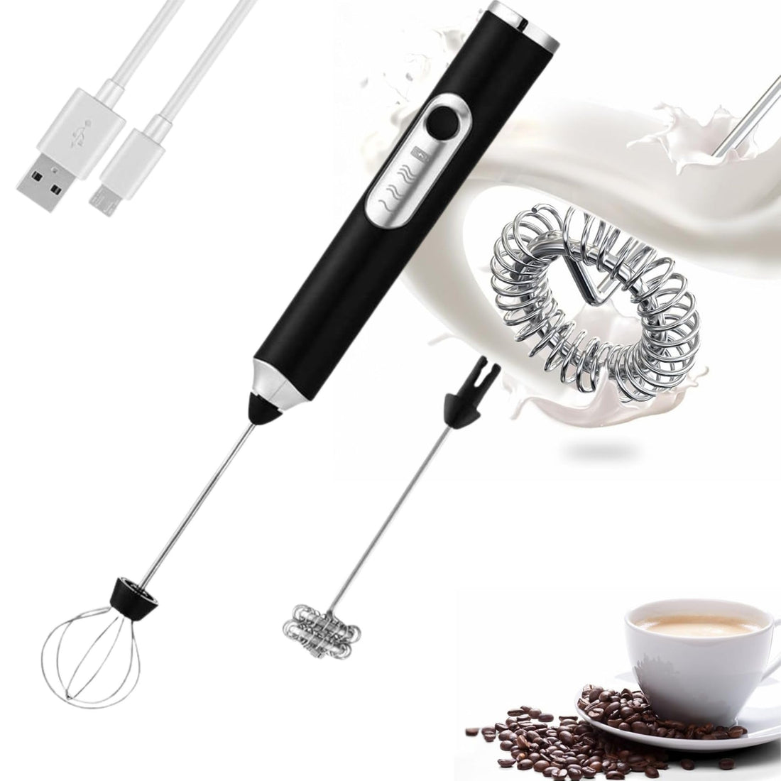 Milk Frother Handheld, Rechargeable Battery Powered Coffee Frother, 2 Heads Automatic Coffee Whisk Foam Mixer with USB Rechargeable 3 Speeds, Drink Mixer for Matcha, Latte, Hot Chocolate, Cappuccino