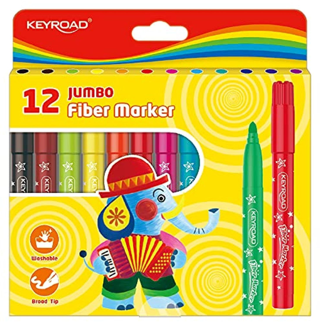 Keyroad Jumbo Felt Tip Pens, 12 Pieces, Robust 5 mm, School Felt Pens, Fibre-Tip Pens with Hole for Hanging, Adults and Children, Perfect for School Work, Mixed Colours