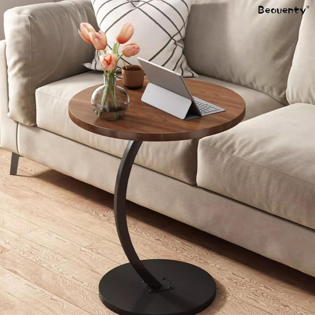 C Shaped End Table, Modern Side Table Under Sofa, Simplicity Metal & Wood Round Coffee Table, Living Room Table, Corner Table, Bedside Table, Laptop Side Table for Couch, Bedroom, Office, Sofa or Bed