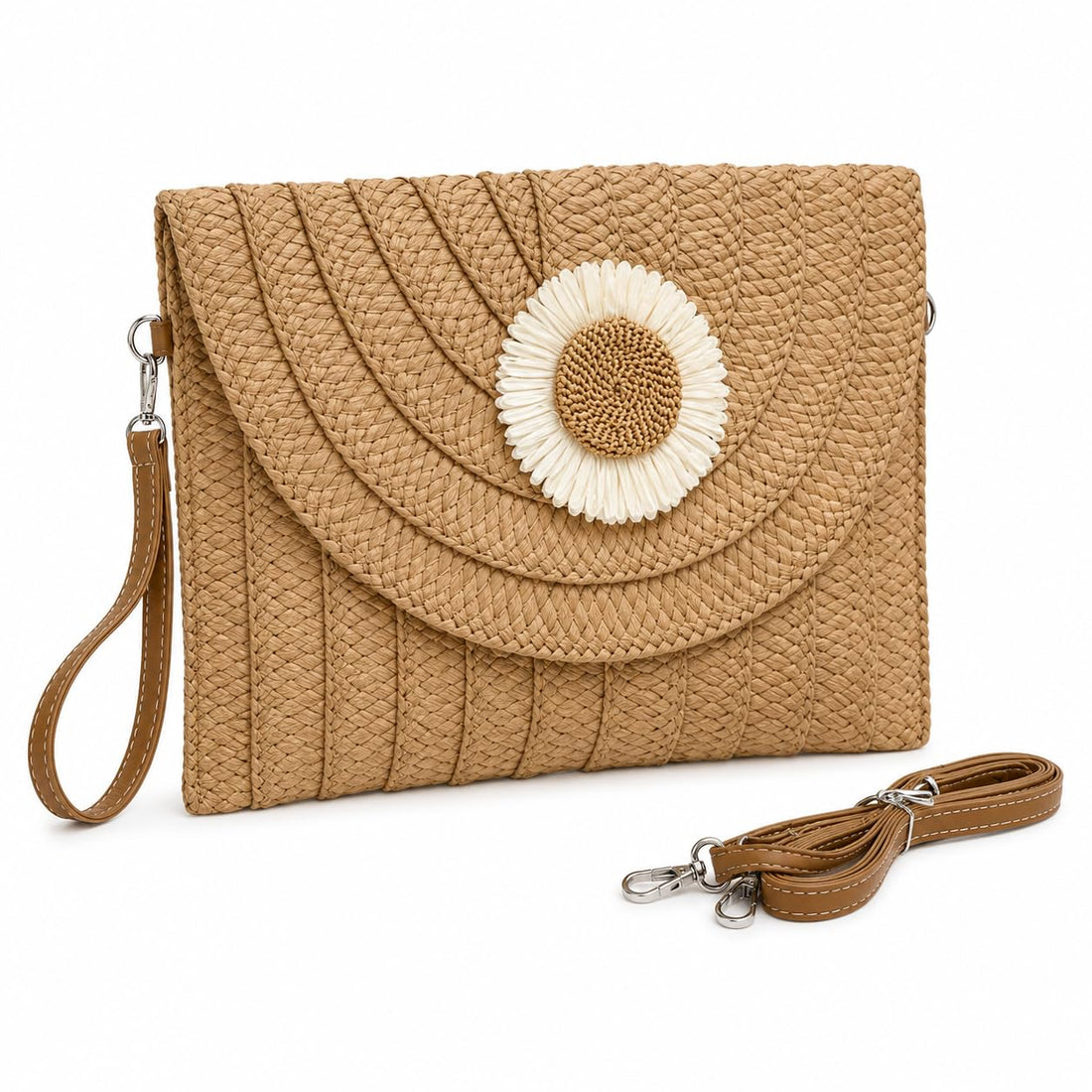 Woven Straw Clutch Bag with Flower Detail, Envelope Style, Crossbody Strap Included
