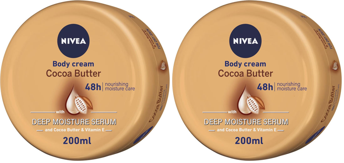 NIVEA Body Cream Dry Skin, Cocoa Butter Vitamin E, Jar 200ml (Pack of 2)