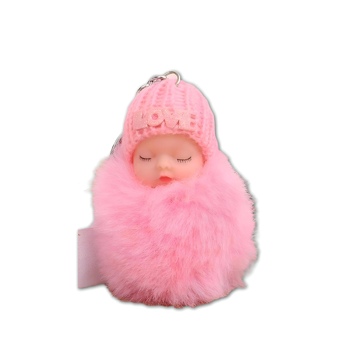 Miniature Sleepy Plush - Cute pink pom-pom sleeping baby doll keychain with a knit hat embroidered “Sweet Dreams”, perfect as a bag accessory, keyring charm, or pendant for toddlers. (2model pink)