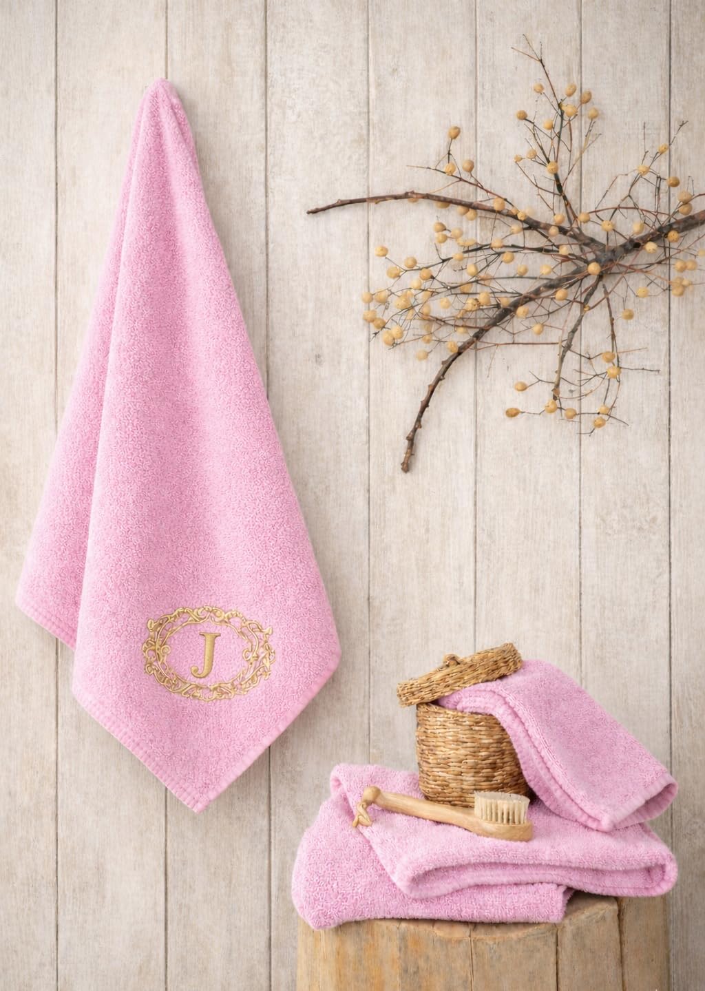 Luxurious Embroidery Bath Towel for You Made of 100% Cotton, Highly Absorbent and Quick Dry,High Quality Classic Bath Towels for Hotels and Spa (Letter J) (PINK, 110*55)