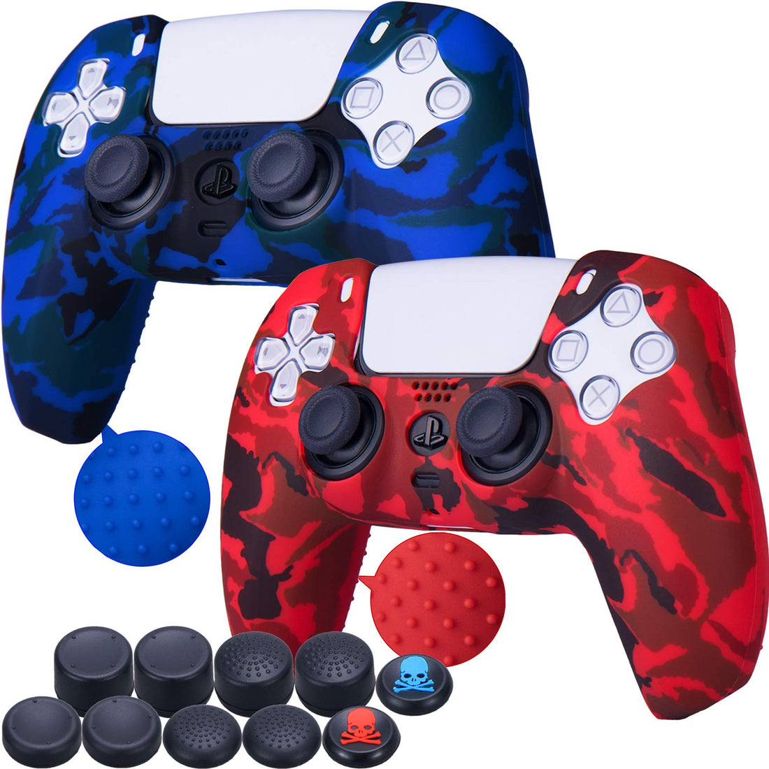 2 Pieces of Silicone Transfer Print Protective Cover Skin + 10 Thumb Grips for Playstation 5 / PS5 Controller paint Red & Blue