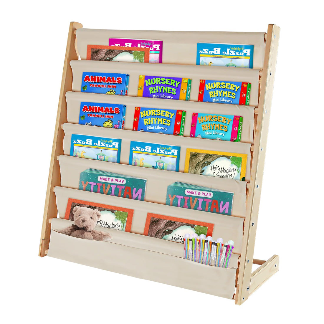 7 Tier Kids Bookshelf, Natural Wood Book Rack for Children's Books, Toy Storage Organizer, Bookcase for Playroom, Nursery, Living Room (W: 29.5')
