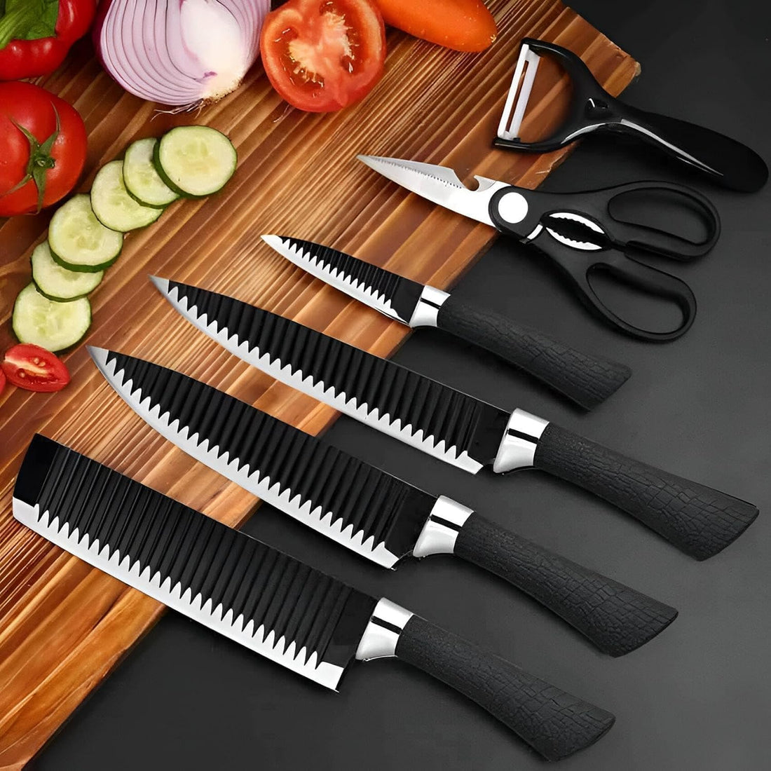 Knife Set - A full 6-piece set featuring sharp knives, robust scissors, and cleaning scrubs, designed for professional chefs and home cooks to enhance cooking performance.