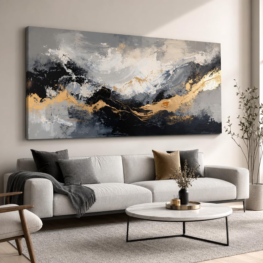 Modern Abstract Canvas Wall Art – Gold, Black, White and Grey Textured Painting – Contemporary Artwork for Living Room, Bedroom or Office Decor – Framed Ready to Hang 100x50cm