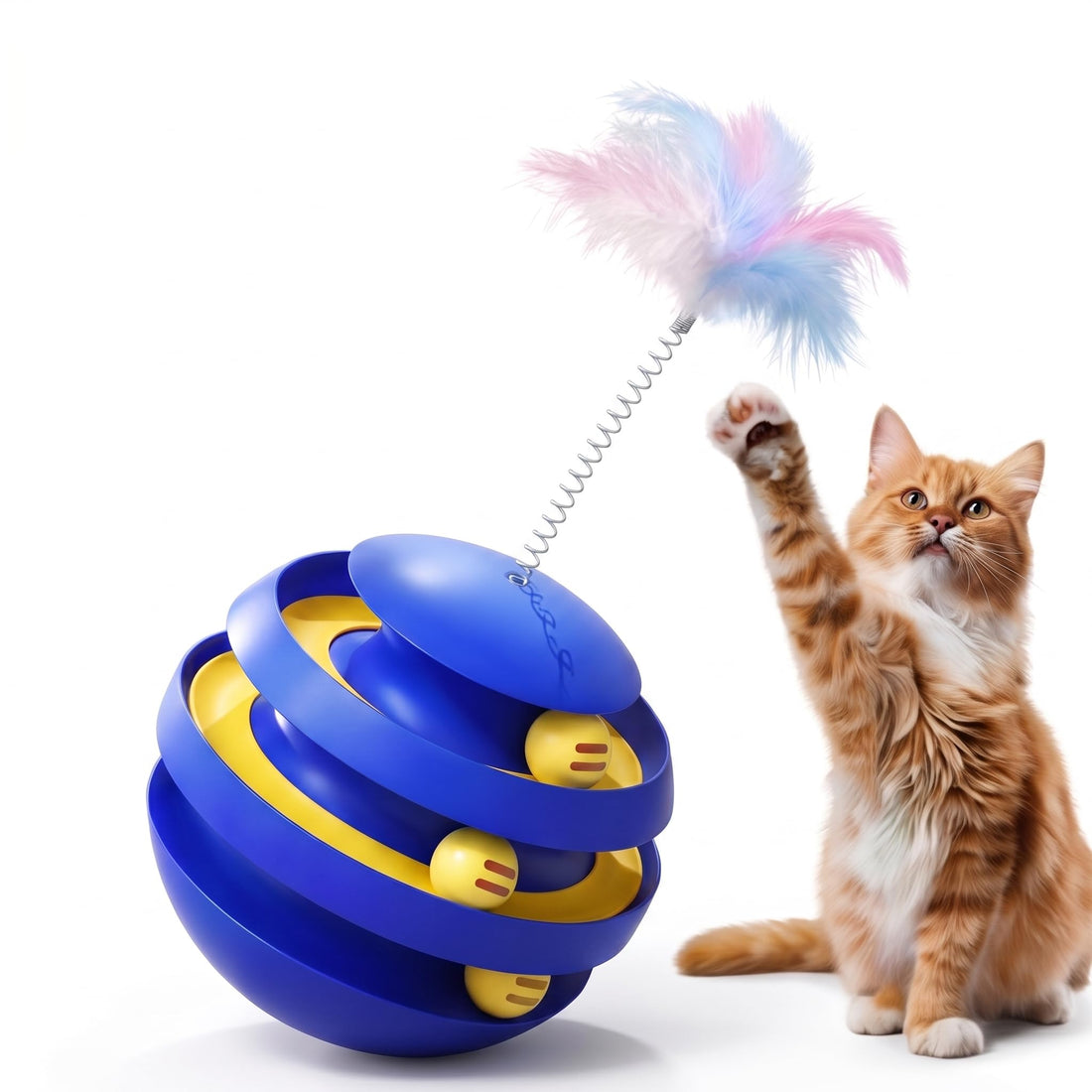 3-Tier Interactive Cat Track Toy – 3 Spinning Balls, Non-Slip Base, Ideal for Indoor Cats, Blue，Self-Righting