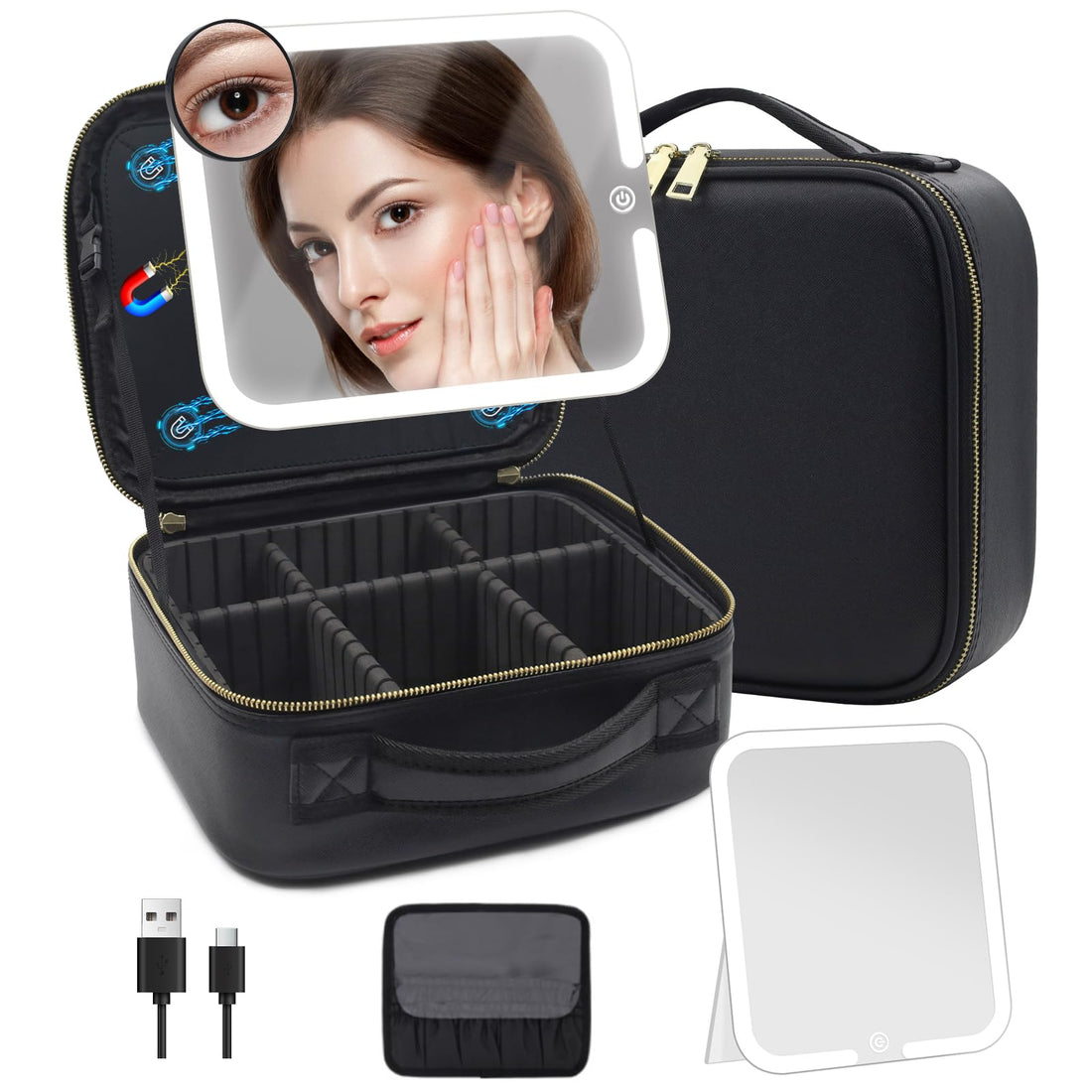 Travel Makeup Bag Cosmetic Organizer Bag with Large Magnetic Removable Lighted Mirror, Makeup Case with Mirror and Lights 3-Color Modes Adjustable Brightness 360° Angle, Makeup Travel Train Case Gift,