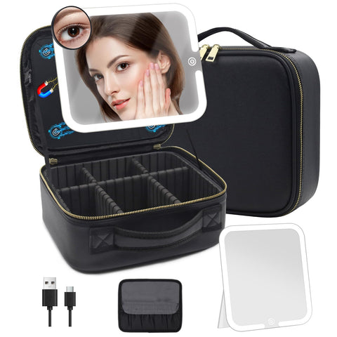 Travel Makeup Bag Cosmetic Organizer Bag with Large Magnetic Removable Lighted Mirror, Makeup Case with Mirror and Lights 3-Color Modes Adjustable Brightness 360° Angle, Makeup Travel Train Case Gift,