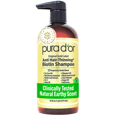 PURA D'OR 16 Oz Original Gold Label Anti-Thinning Biotin Shampoo Natural Earthy Scent, CLINICALLY TESTED Effective Results, Herbal DHT Blocker Hair Thickening Products, Women & Men, Color Treated Hair