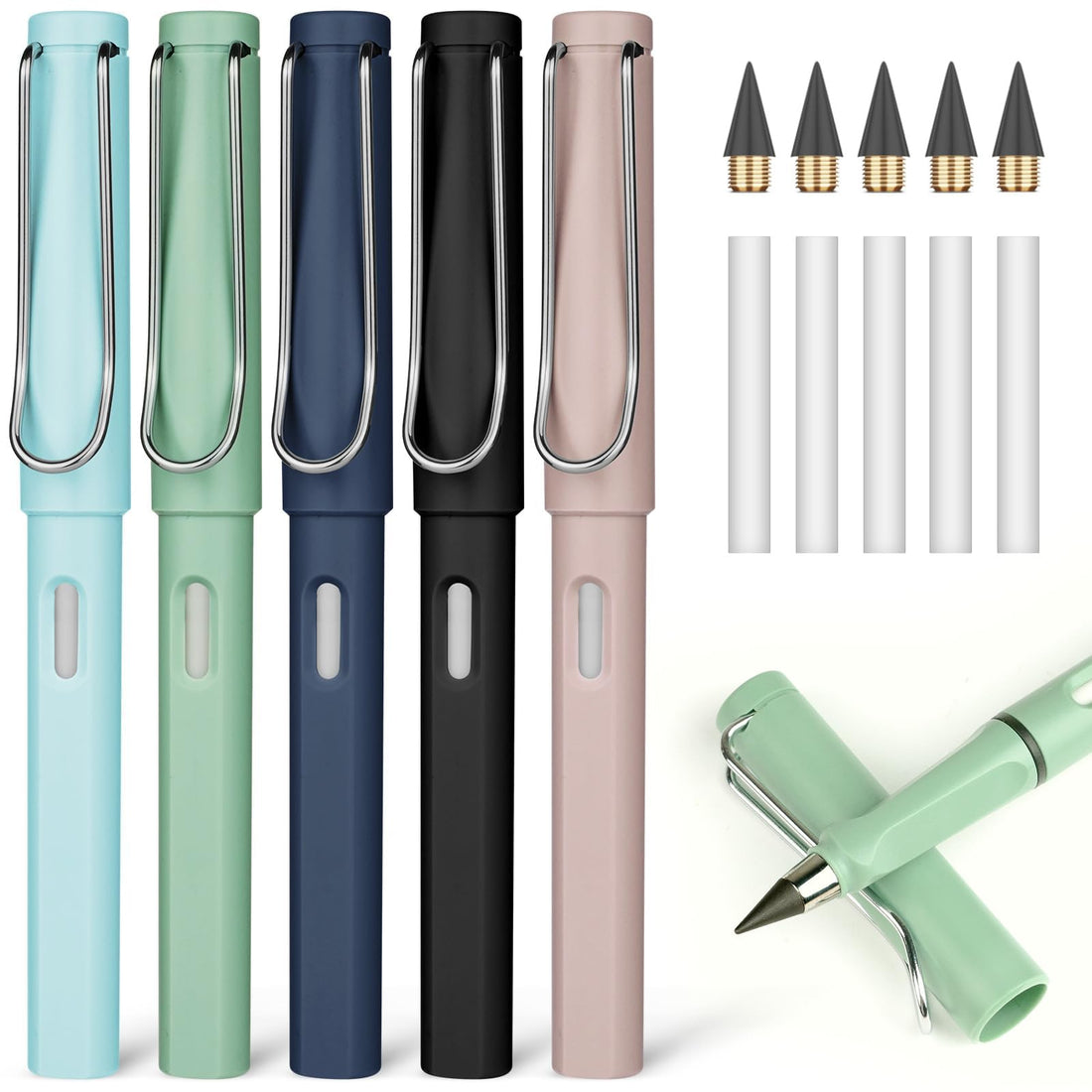 OFFCUP Everlasting Pencil, 5pcs Infinity Pencil with Eraser and Replacement Nibs, Reusable Inkless Pencil for Writing, Drawing, Students Home Office School Supplies (Light Color)