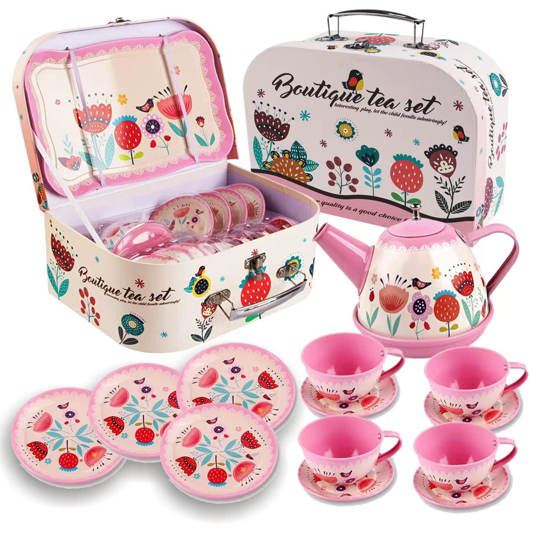 Kids Pretend Play Toy Tin Tea Party Set Kit for Little Girls, Princess Tea Time Kitchen Pretend Fake Party Play Food Teapot Set (Tea Party Set - Pink Flower)