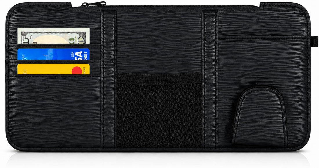 Leather Car Visor Organizer – PU Leather Sun Visor Storage with Card Slots, Mesh Pocket, Magnetic Sunglasses Clip, and Pen Holder – Universal Fit for Cars and SUV (Stripped Black)