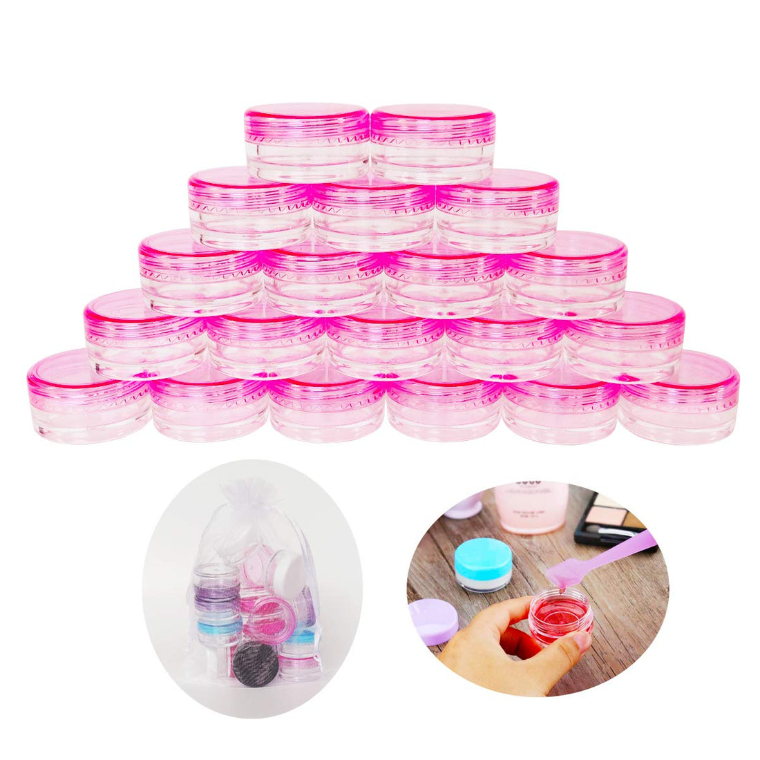 GreatforU Pink Plastic Cream Jars - Pack of 20, 3g/3ml, Cosmetic Jars, Lip Balm Containers, Nail Art Containers, Travel Size, with 20 Mini Spatulas