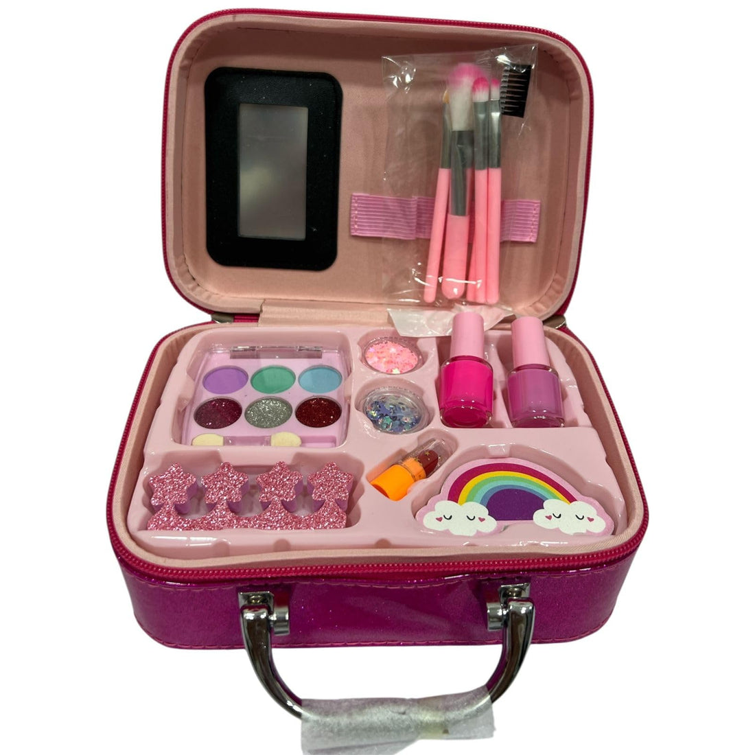 Kids Makeup Kit, Pink Case with Mirror, Eyeshadow, Nails, Brushes, Rainbow Style