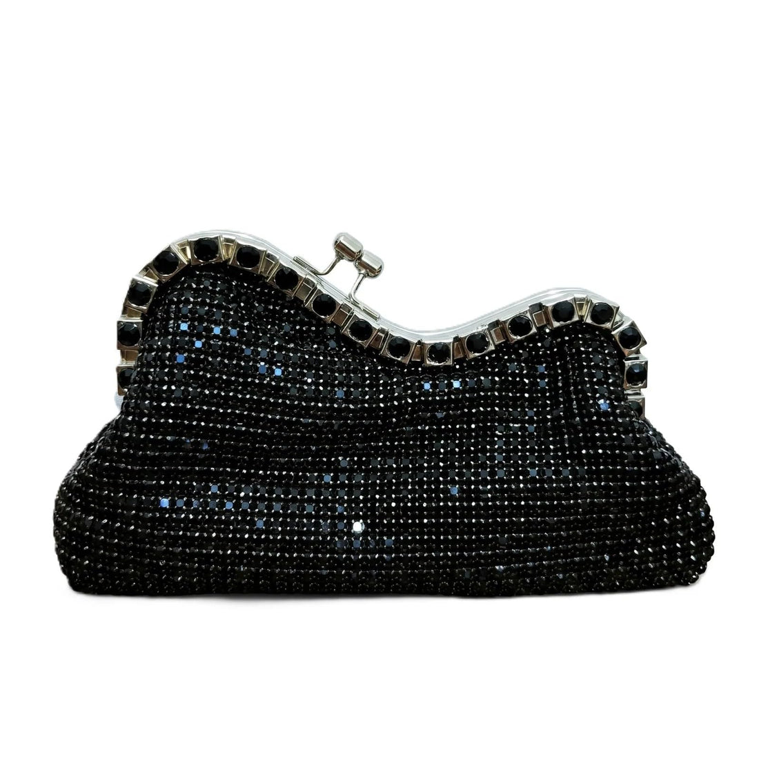 A stunning evening bag featuring a fluid silhouette fully encrusted with shimmering crystals.VS-52