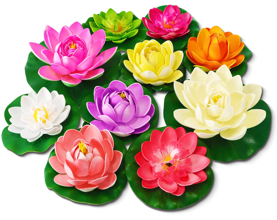 Artificial Lotus Flowers Water Lilies for Pond Pool, 10 Pcs Realistic Floating Foam Lotus Flowers with Lily Pads for Ponds, 4" and 6" Large Lifelike Water Lilies for Fountain Garden Pond Decoration