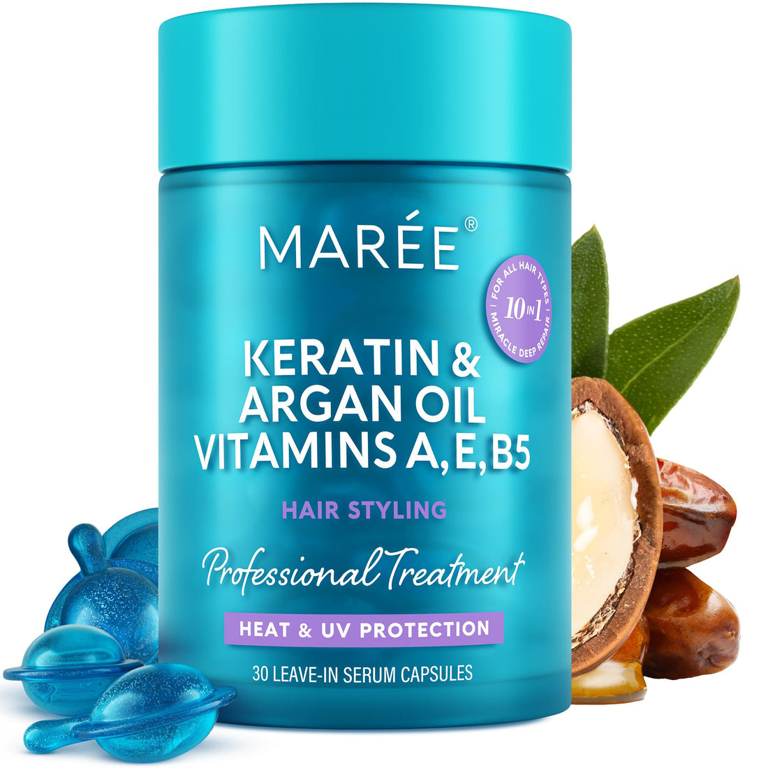 MAREE Hair Serum For Crushed And Damaged Hair - Keratin Styling Hydrating Oil Capsules With Avocado, Jojoba And Argan Oil - Rinse Free Hair Serum Vitamins A, E