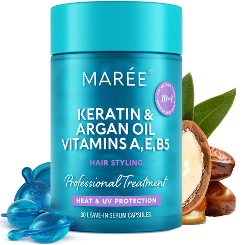 MAREE Hair Serum For Crushed And Damaged Hair - Keratin Styling Hydrating Oil Capsules With Avocado, Jojoba And Argan Oil - Rinse Free Hair Serum Vitamins A, E